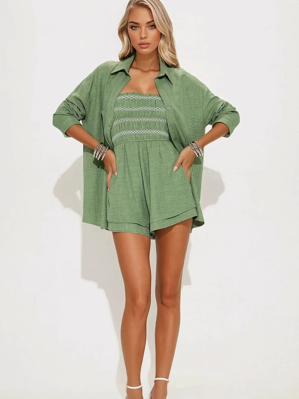 Strapless Smocked Green Romper Set - NWOT